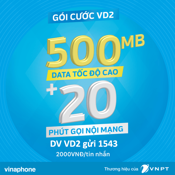 Đăng ký gói VD2 Vinaphone miễn phí 500MB + 20p gọi