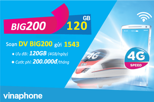 Đăng ký gói BIG200 Vinaphoene tặng ngay 120GB data tốc độ cao (4GB/ngày)