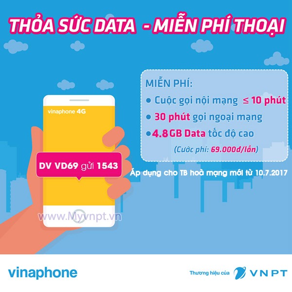 Đăng ký gói cước VD69 Vinaphone nhận data, gọi miễn phí cả tháng chỉ 69.000đ