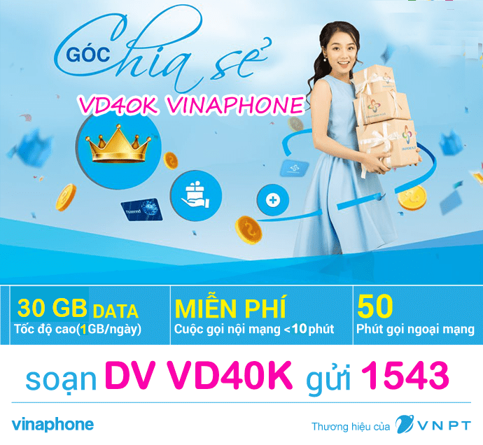 Đăng ký gói cước VD40K Vinaphone miễn phí 30GB + gọi thoại