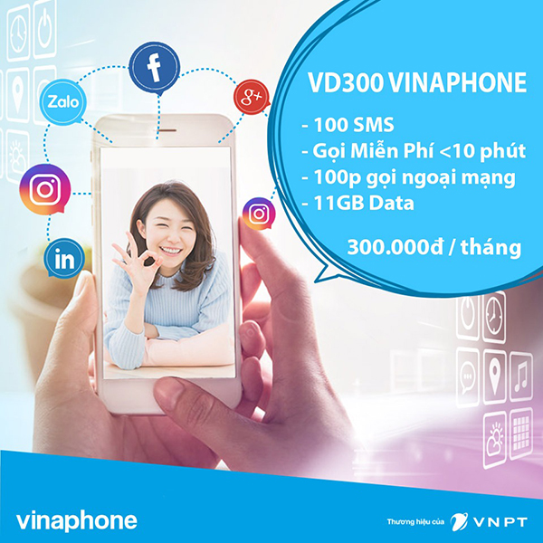 Cách đăng ký gói VD300 Vinaphone miễn phí 11GB data + gọi thoại + SMS
