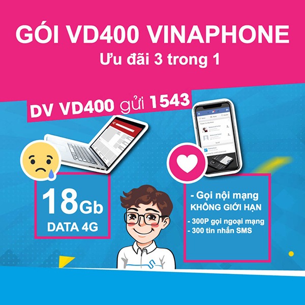 Đăng ký gói cước VD400 Vinaphone nhận ngay ưu đãi data và gọi thoại miễn phí