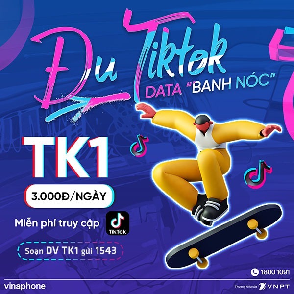 Đăng ký gói cước TK1 Vinaphone miễn phí lướt Tiktok cả ngày 