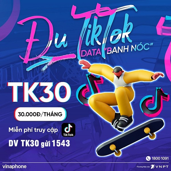 Đăng ký gói TK30 Vinaphone ưu đãi dùng Tiktok miễn phí không giới hạn data