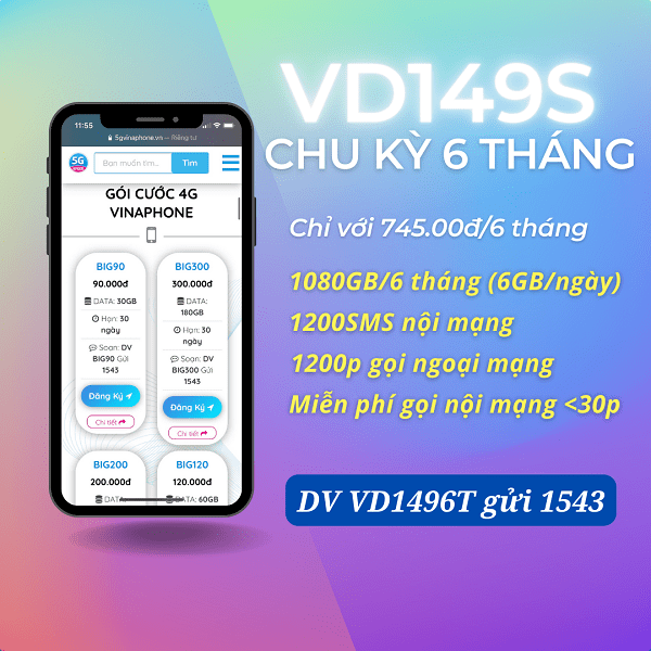 Cách đăng ký gói VD149S6T Vinaphone ưu đãi 1080GB và gọi thoại cực đã