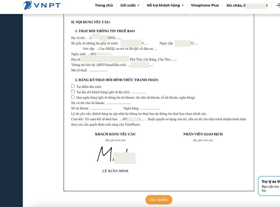 Cập nhật thông tin thuê bao Vinaphone online