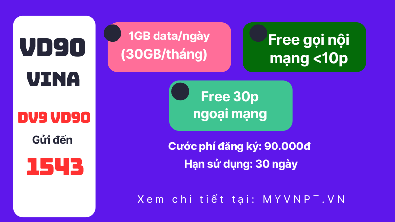 Đăng ký gói VD90 Vina có ngay 30GB data chỉ 90.000đ